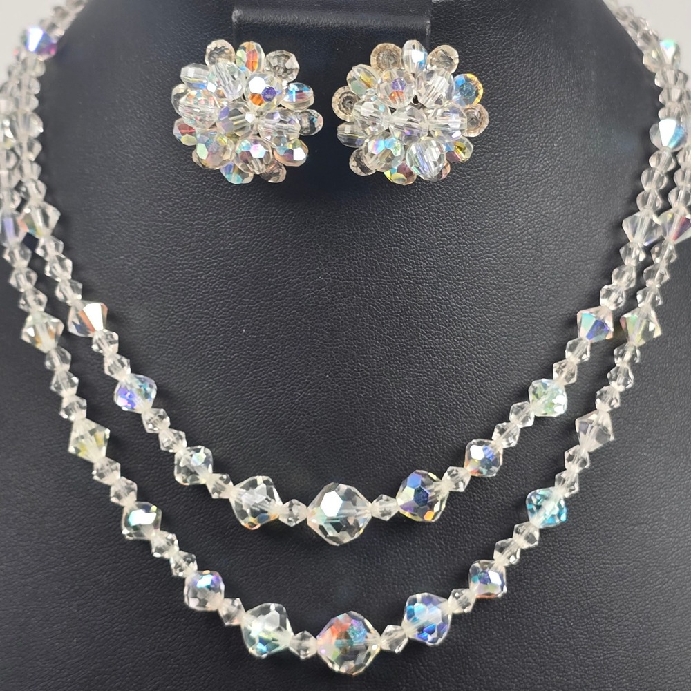 Vintage Aurora Borealis Crystal Double Strand Bead Necklace & Clip On Earrings